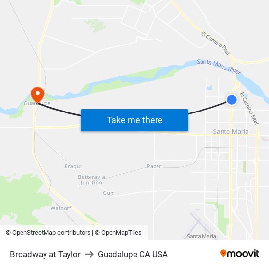 Broadway at Taylor to Guadalupe CA USA map