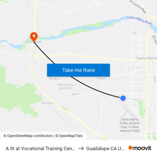 A St at Vocational Training Center to Guadalupe CA USA map