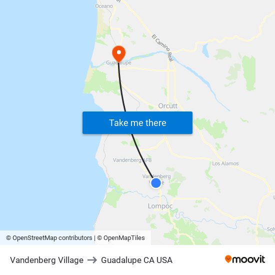 Vandenberg Village to Guadalupe CA USA map