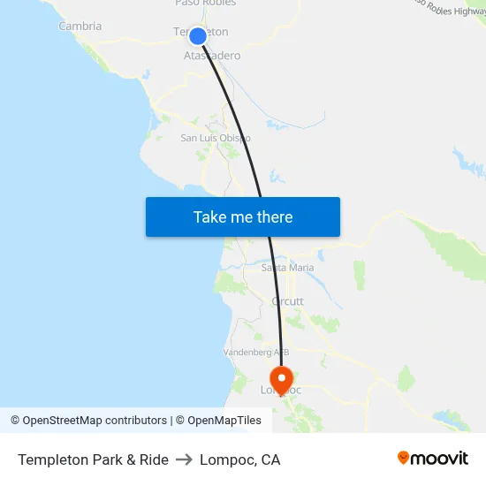 Templeton Park & Ride to Lompoc, CA map