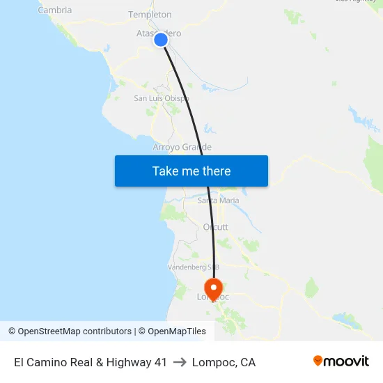 El Camino Real & Highway 41 to Lompoc, CA map
