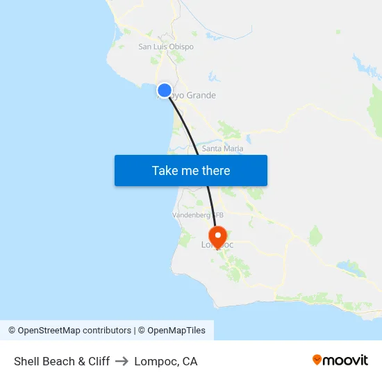 Shell Beach & Cliff to Lompoc, CA map