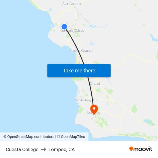 Cuesta College to Lompoc, CA map