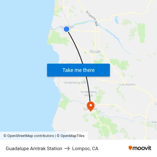 Guadalupe Amtrak Station to Lompoc, CA map
