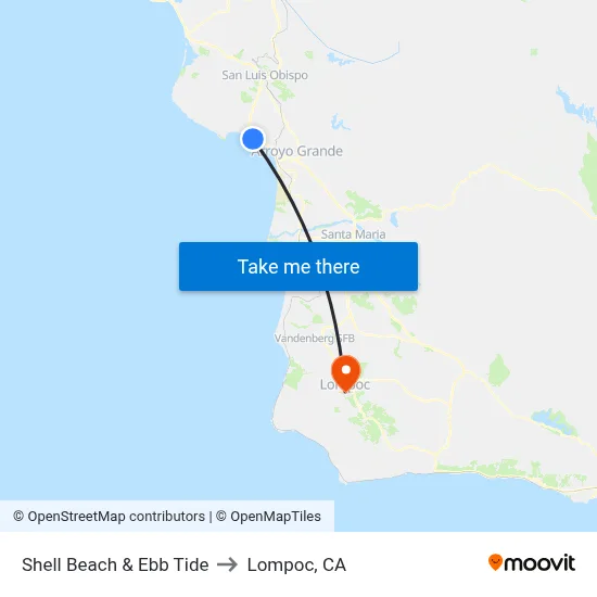 Shell Beach & Ebb Tide to Lompoc, CA map