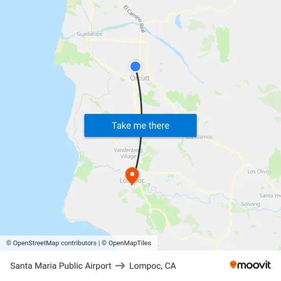 Santa Maria Public Airport to Lompoc, CA map