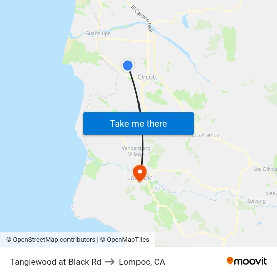 Tanglewood at Black Rd to Lompoc, CA map