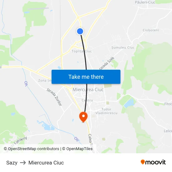 Sazy to Miercurea Ciuc map
