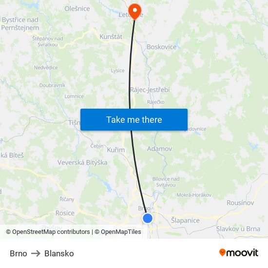 Brno to Blansko map