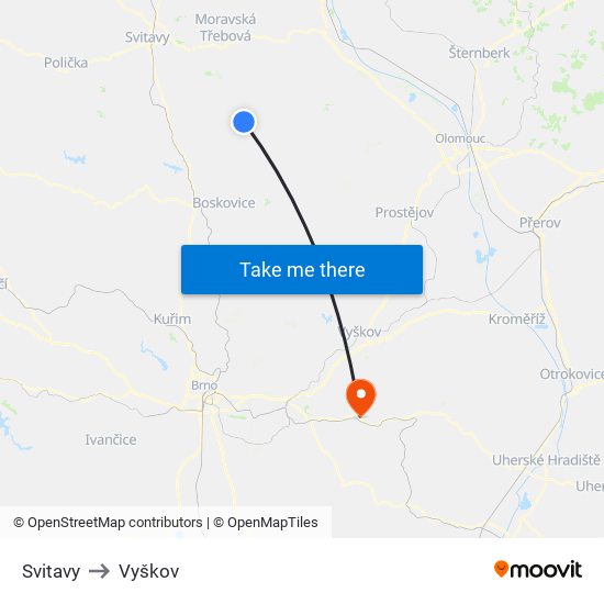 Svitavy to Vyškov map