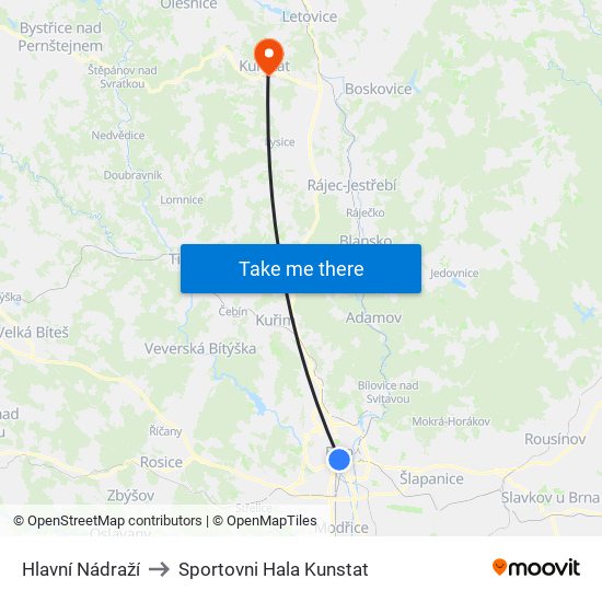 Hlavní Nádraží to Sportovni Hala Kunstat map