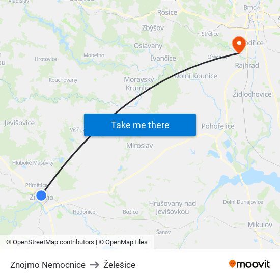 Znojmo Nemocnice to Želešice map