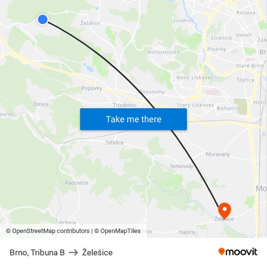 Brno, Tribuna B to Želešice map