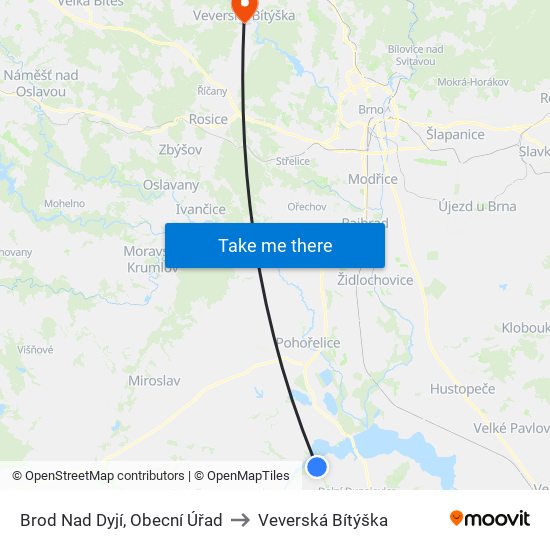 Brod Nad Dyjí, Obecní Úřad to Veverská Bítýška map