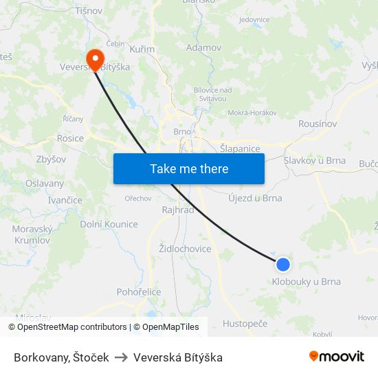 Borkovany, Štoček to Veverská Bítýška map