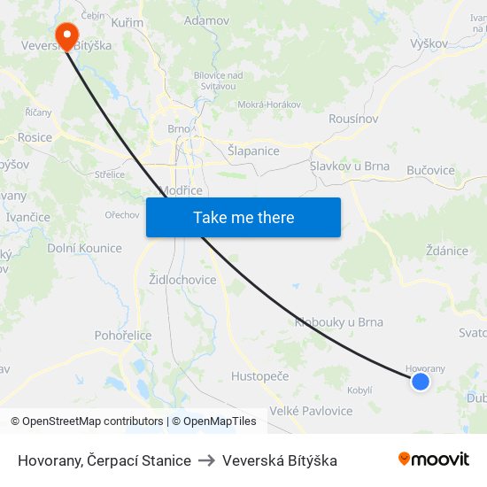 Hovorany, Čerpací Stanice to Veverská Bítýška map