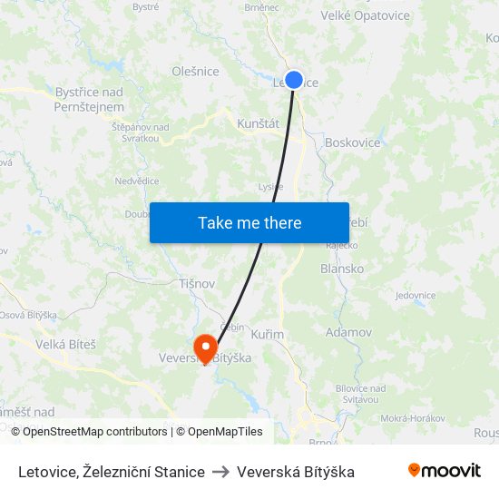 Letovice, Železniční Stanice to Veverská Bítýška map