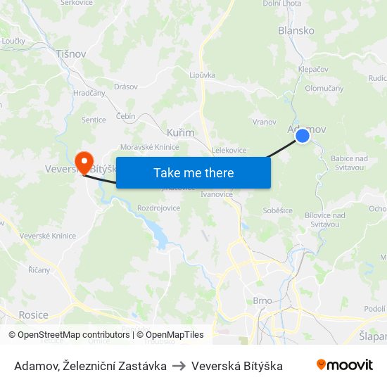 Adamov, Železniční Zastávka to Veverská Bítýška map