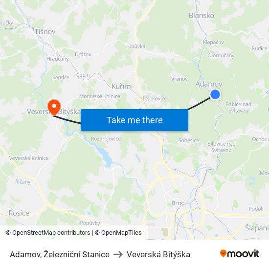 Adamov, Železniční Stanice to Veverská Bítýška map