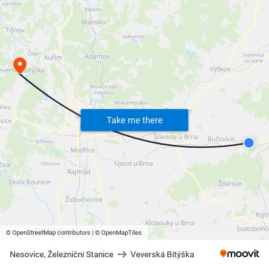 Nesovice, Železniční Stanice to Veverská Bítýška map