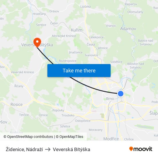 Židenice, Nádraží to Veverská Bítýška map