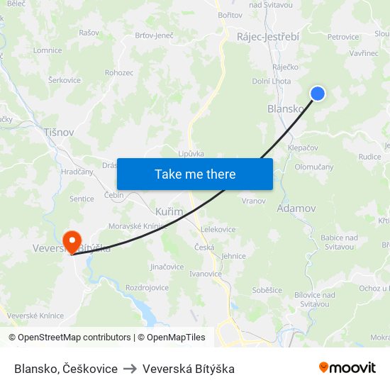 Blansko, Češkovice to Veverská Bítýška map