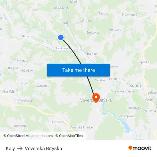 Kaly to Veverská Bítýška map