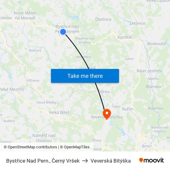 Bystřice Nad Pern., Černý Vršek to Veverská Bítýška map