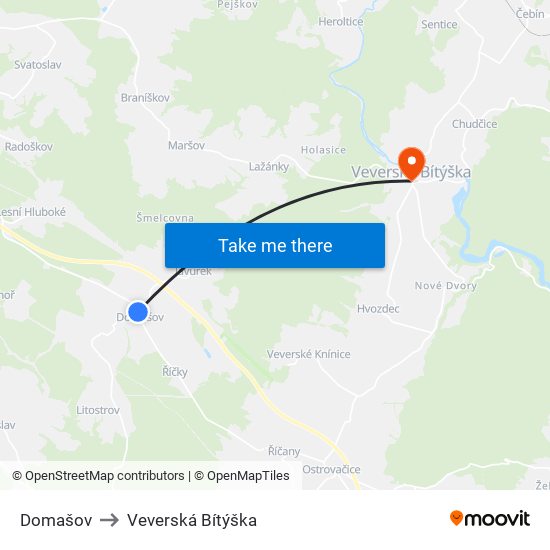 Domašov to Veverská Bítýška map