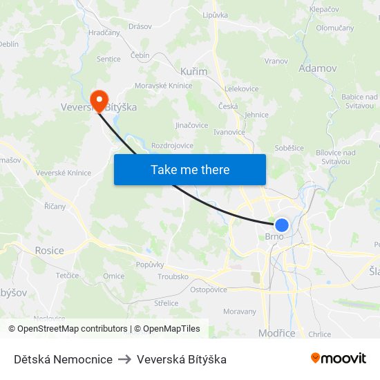 Dětská Nemocnice to Veverská Bítýška map