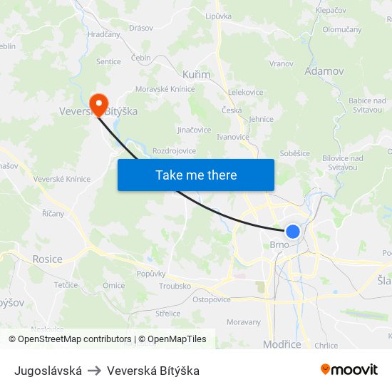 Jugoslávská to Veverská Bítýška map