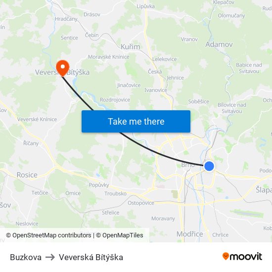 Buzkova to Veverská Bítýška map