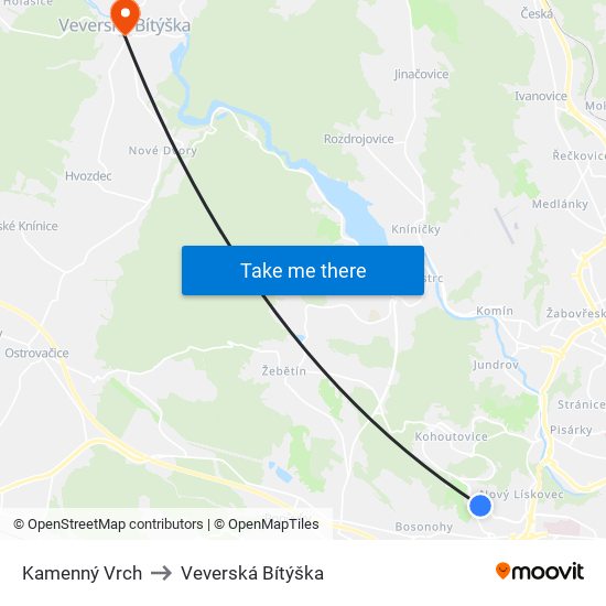 Kamenný Vrch to Veverská Bítýška map