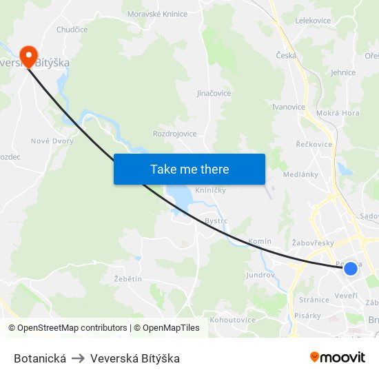 Botanická to Veverská Bítýška map