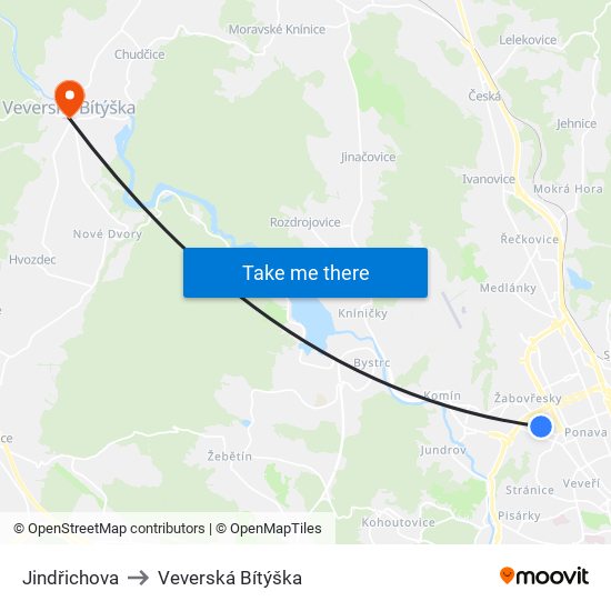 Jindřichova to Veverská Bítýška map