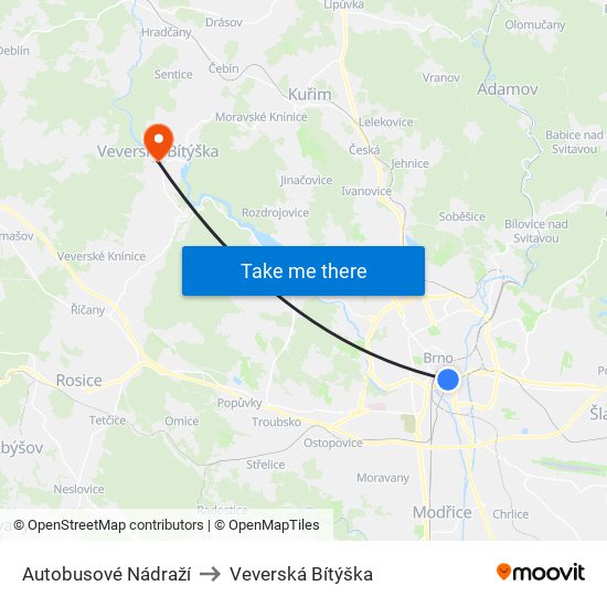 Autobusové Nádraží to Veverská Bítýška map