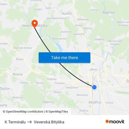 K Terminálu to Veverská Bítýška map