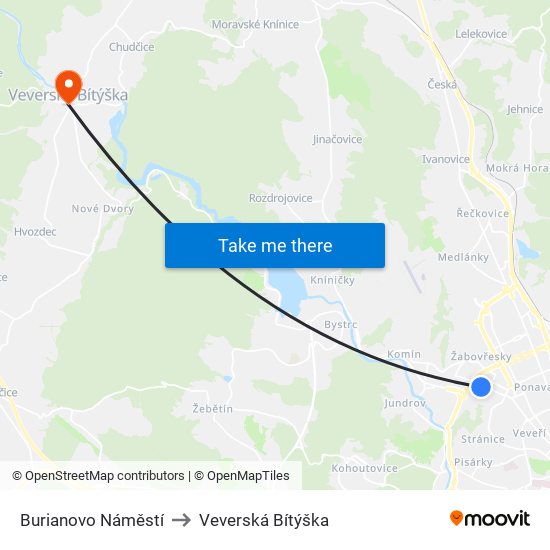 Burianovo Náměstí to Veverská Bítýška map