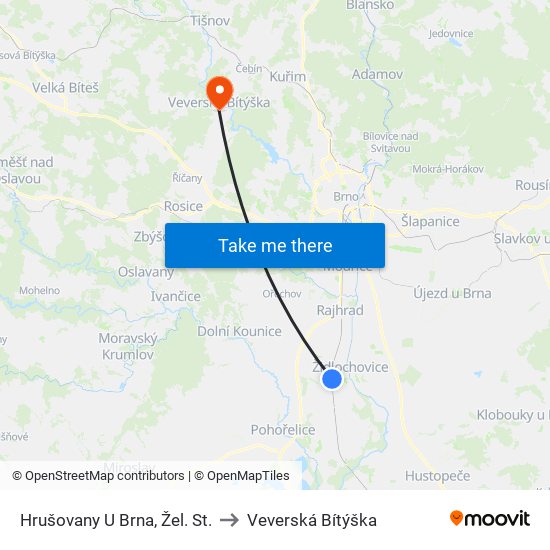 Hrušovany U Brna, Žel. St. to Veverská Bítýška map