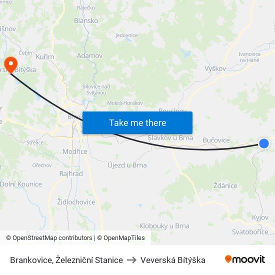 Brankovice, Železniční Stanice to Veverská Bítýška map