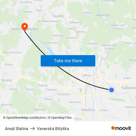 Areál Slatina to Veverská Bítýška map