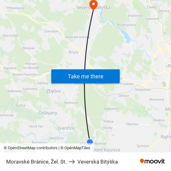 Moravské Bránice, Žel. St. to Veverská Bítýška map