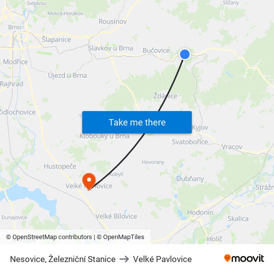 Nesovice, Železniční Stanice to Velké Pavlovice map