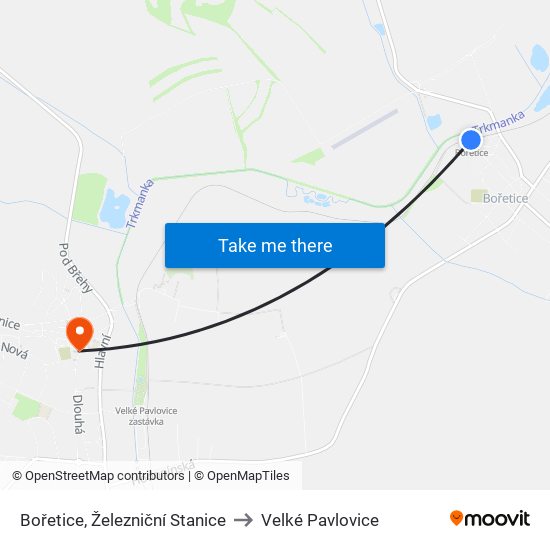 Bořetice, Železniční Stanice to Velké Pavlovice map