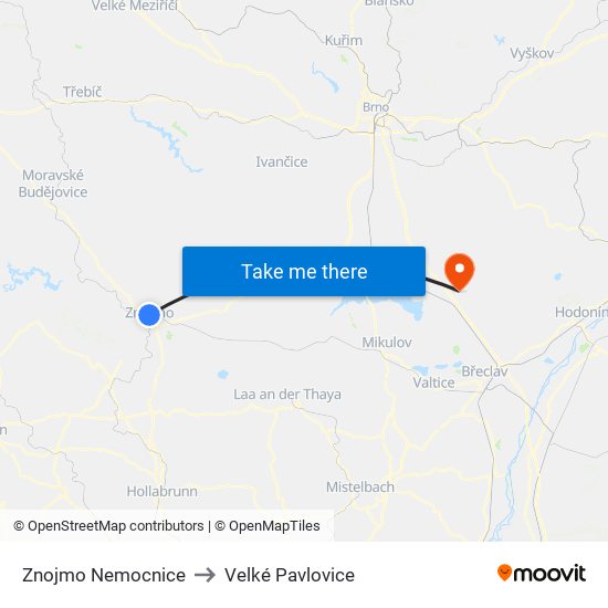 Znojmo Nemocnice to Velké Pavlovice map