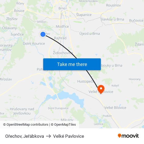 Ořechov, Jeřábkova to Velké Pavlovice map