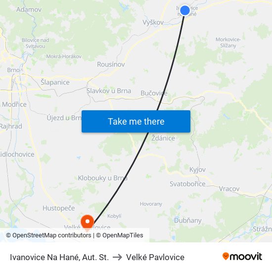 Ivanovice Na Hané, Aut. St. to Velké Pavlovice map