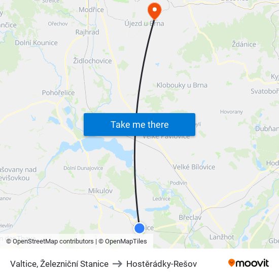 Valtice, Železniční Stanice to Hostěrádky-Rešov map