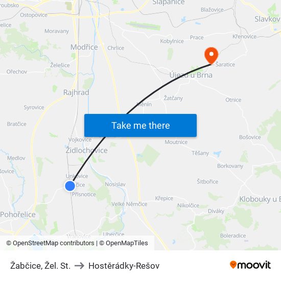 Žabčice, Žel. St. to Hostěrádky-Rešov map