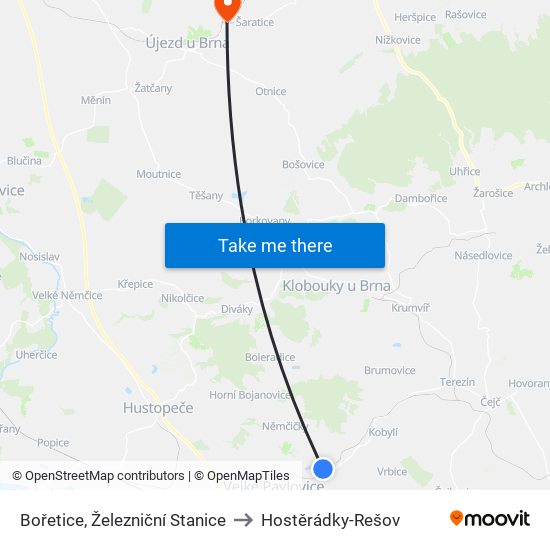 Bořetice, Železniční Stanice to Hostěrádky-Rešov map